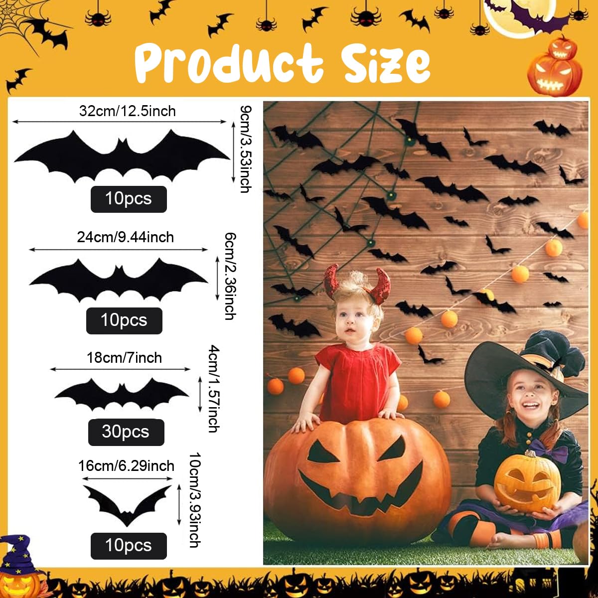 HASTHIP® 60Pcs Halloween Wall Decoration Stickers Fun Black Bat Wall Stickers Wall Decorative PVC Bat Stickers with 4 Sizes Spooky Halloween Wall Stickers Halloween Party Supplies