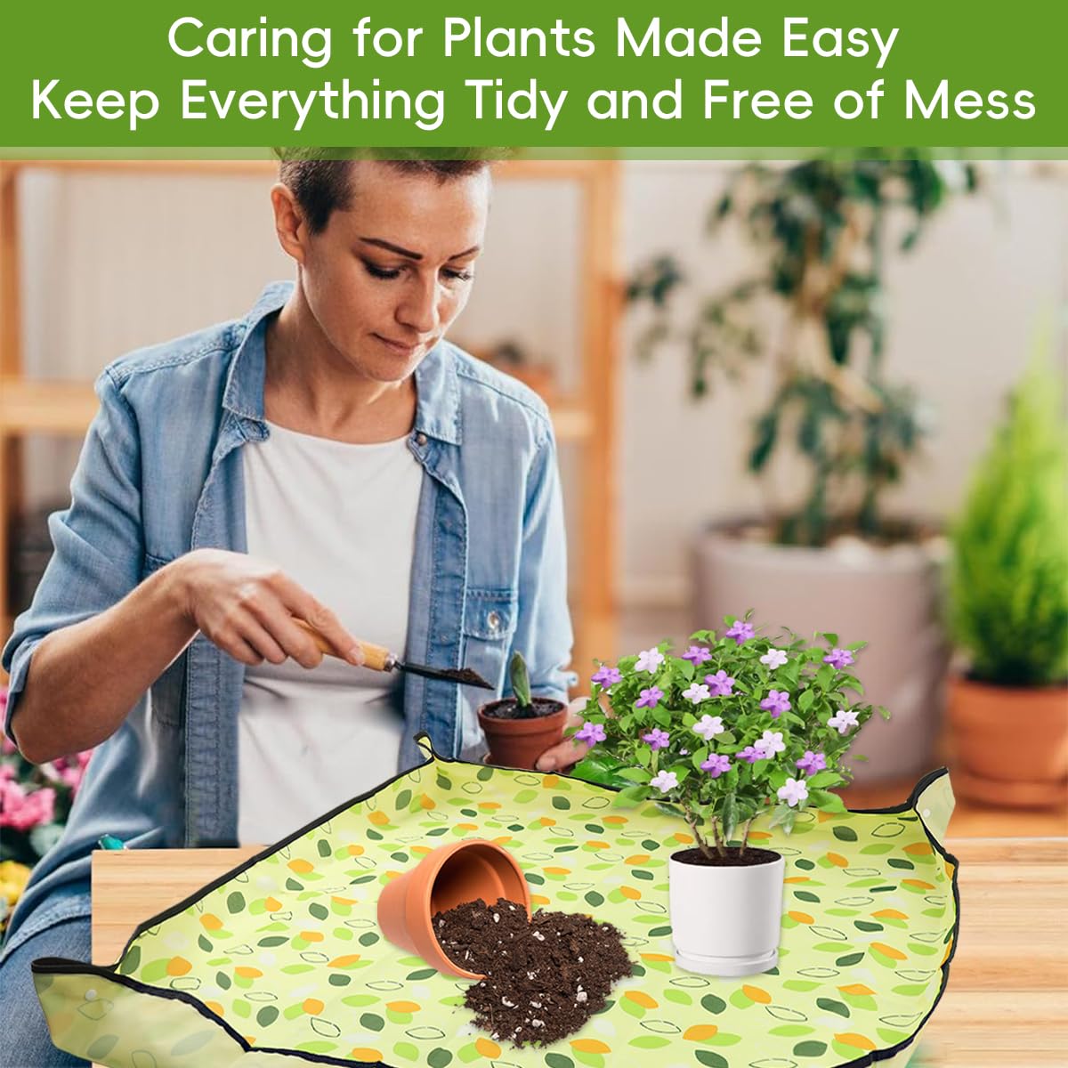 ZIBUYU Gardening Work Mat for Indoor Plant Repotting with Snap Corners and 39.3 x 39.3 in Waterproof Oxford Cloth | Foldable Design for Bonsai and Succulent Care