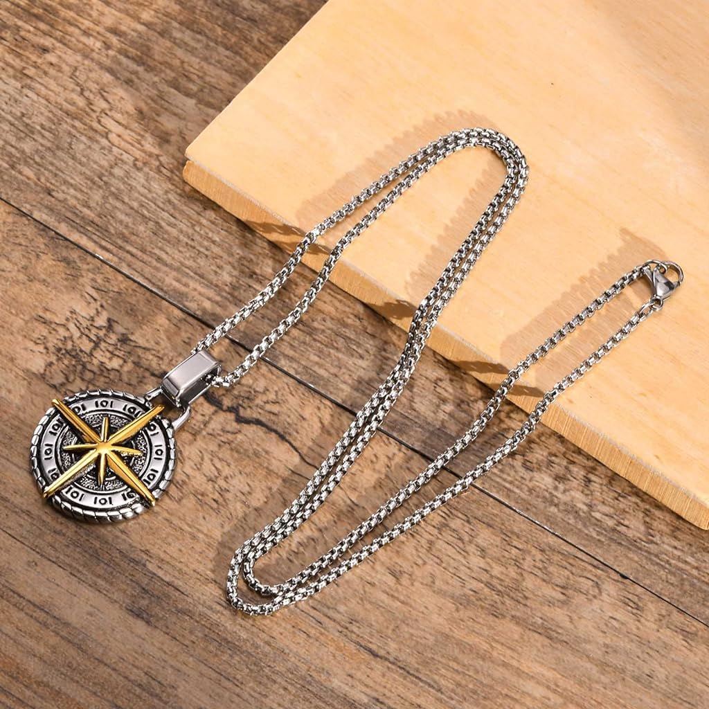 ZIBUYU Chain Pendant for Men Stylish Boys Necklaces Creative Alloy Polaris Compass Design Fancy Men Necklace Stainless Steel Chain Pendant Jewelry for Men Gift (24 inch Chain) - 1