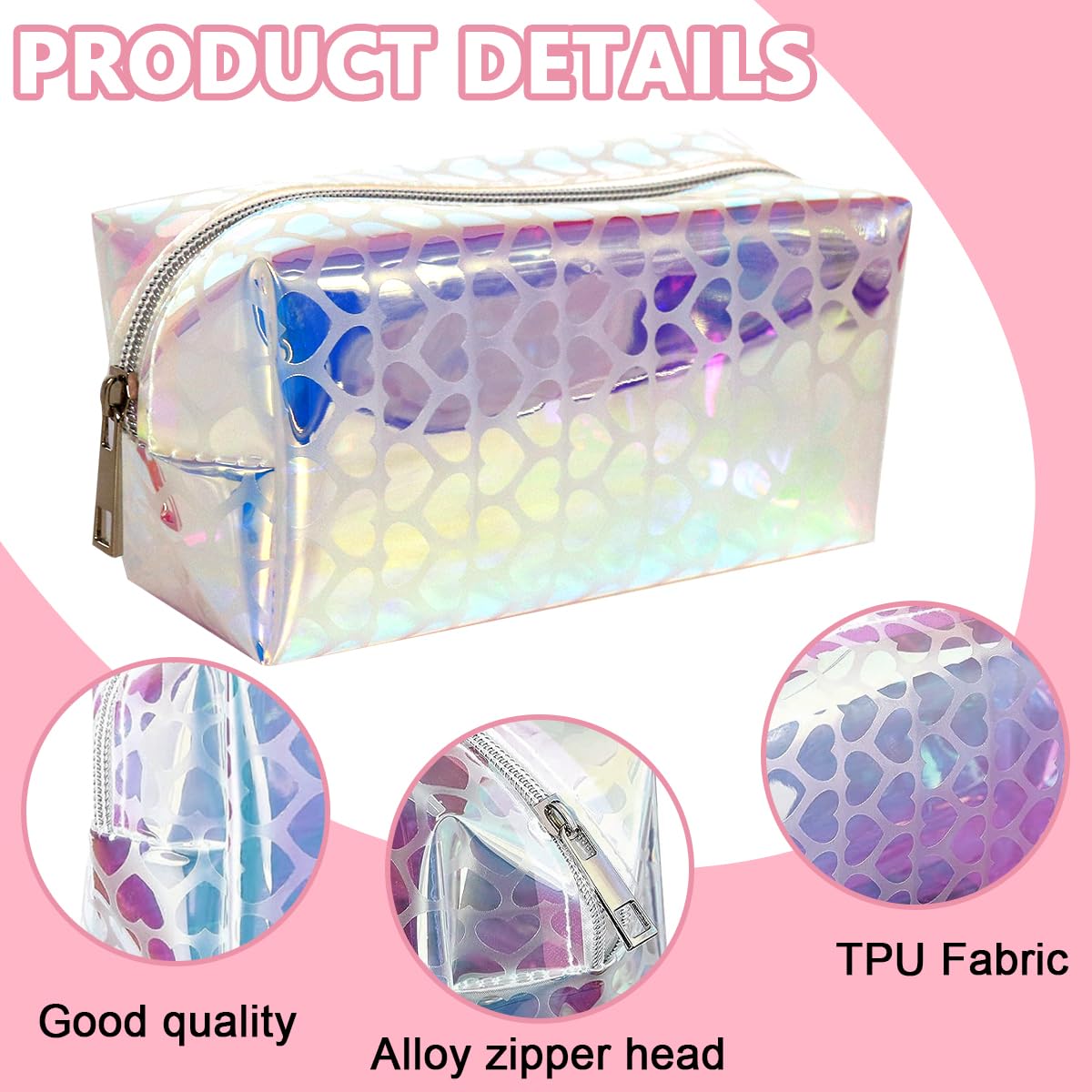 MAYCREATE Makeup Pouch Organizer for Travel with 16×8.5×9cm Capacity featuring Semi‑Transparent TPU & Holographic Heart Print | Cosmetic Bag for Women and Girls