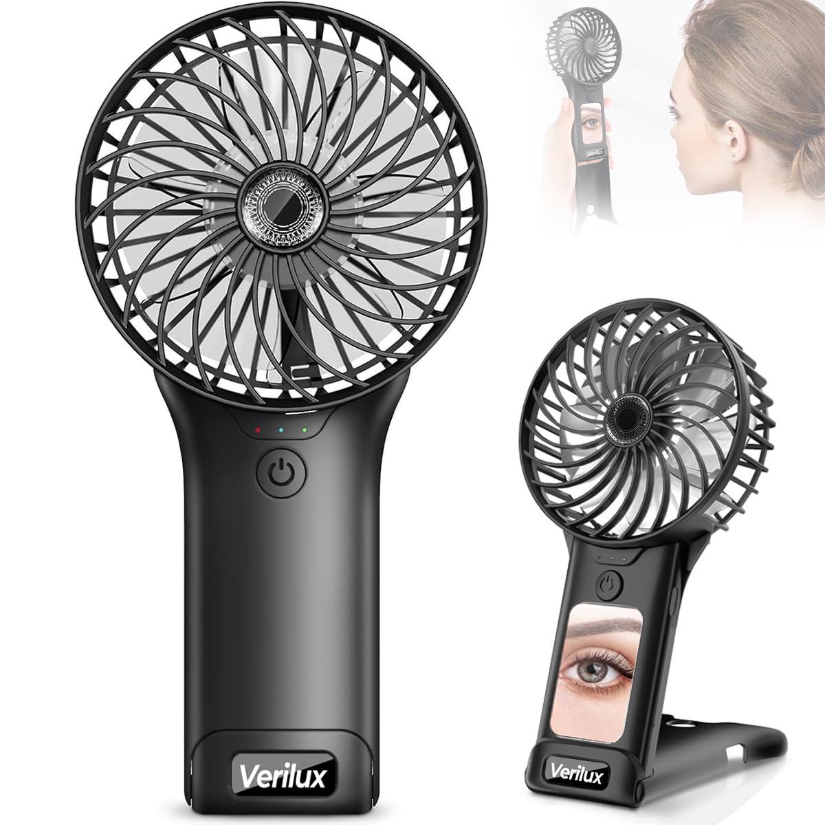 Verilux® Hand Fan Mini Portable Fan with Mirror, 4-Speed USB Fan with Foldable Stand Base, Lasting Max 20Hrs Working Time, Rechargeable Fan for Girls Women Traveling Outdoor (Black)