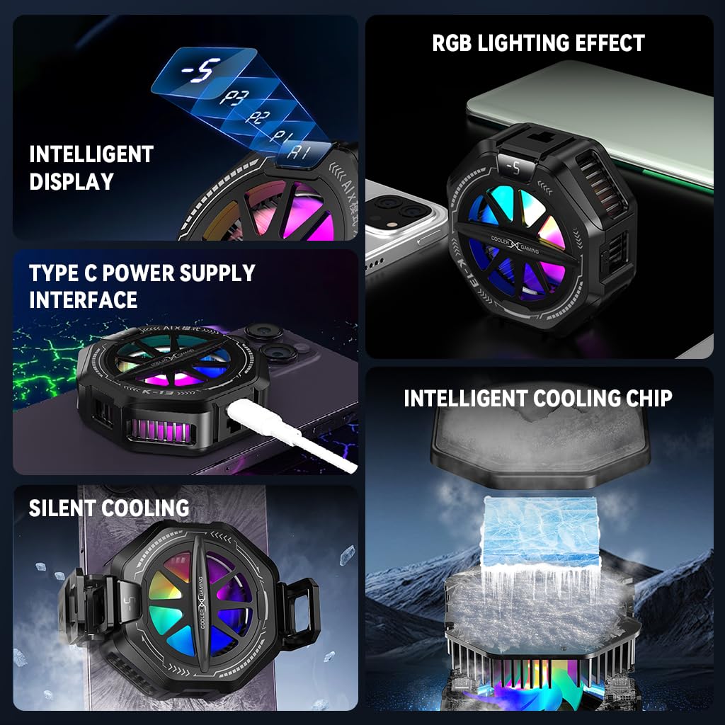 ZORBES Phone Cooler for Gaming with 4 Cooling Levels LCD Display and Magnetic Mount | RGB Light Semiconductor System 3PCS