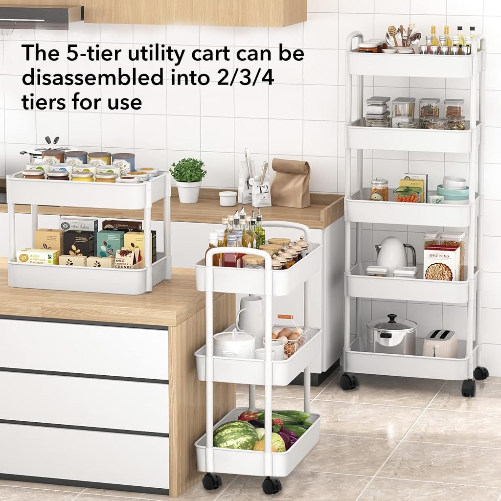 Supvox® 5-Tier Home Organizer Cart Kitchen Organizer Cart Assembly Organizer Shelf with Wheels Moving Accessories Organizer Home Organizer Cart Bedside Organizer Rack, 37.5x26x72cm