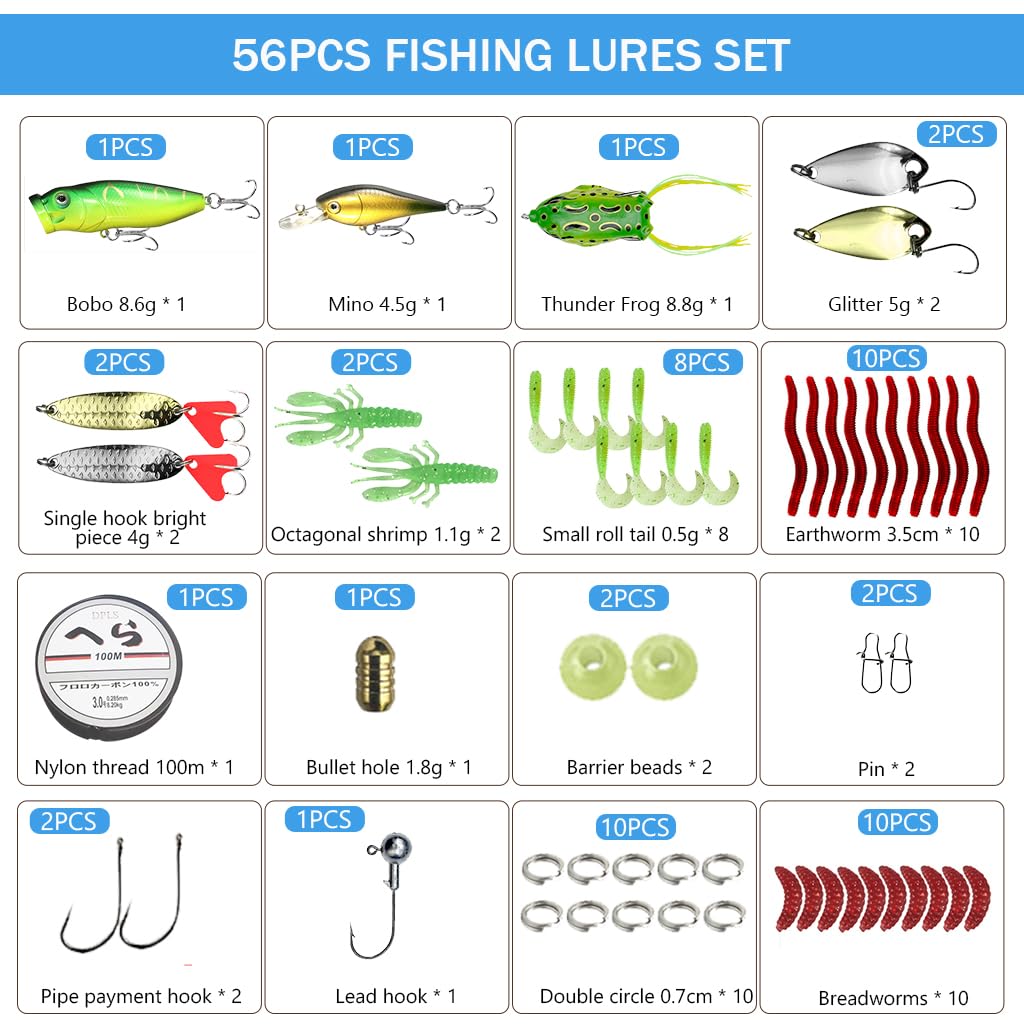 Proberos® 56Pcs Fishing Lures Set with Carry Box Assorted 9 Types Fish Lures Including Biomimetic Baits Frog Octagonal Shrimp Shine Flakes, Worms, Curl Tails & Assorted Accessories Hooks