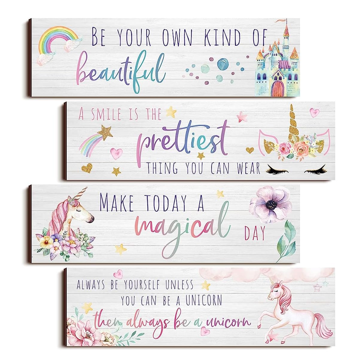 HASTHIP Unicorn Rainbow Wall Decor for Living Room with Dual Hooks and 4 Wooden Boards | Kids and Girls Bedroom Art 11.8 x 3.9 in