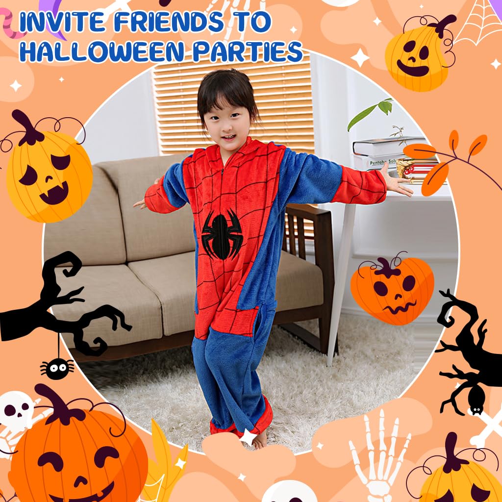 PALAY® Winter Kids Pajama Soft Plush Spiderman Pajama Warm Plush Kids Spiderman Hooded Pajama Girls Boys Pajama Party Costume Zipup Spiderman Pajama for 5-6 Years Old