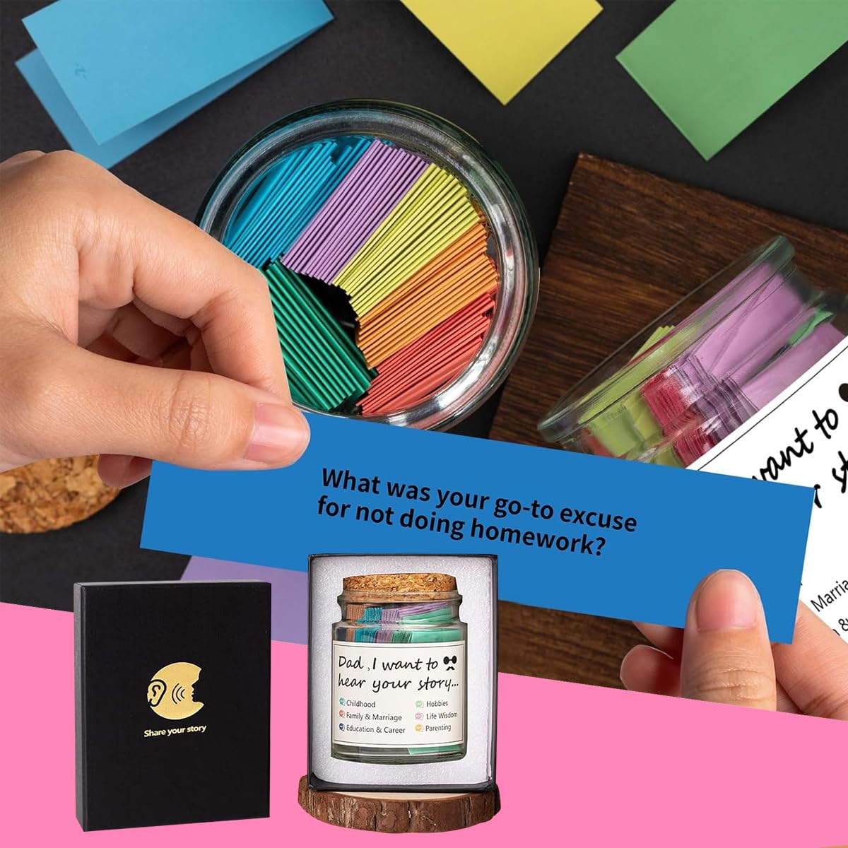 HASTHIP Dad I Want to Hear Your Story Pop Quiz Jar for Fathers featuring Color Coded Themes | Meaningful Parent Child Conversation Cards