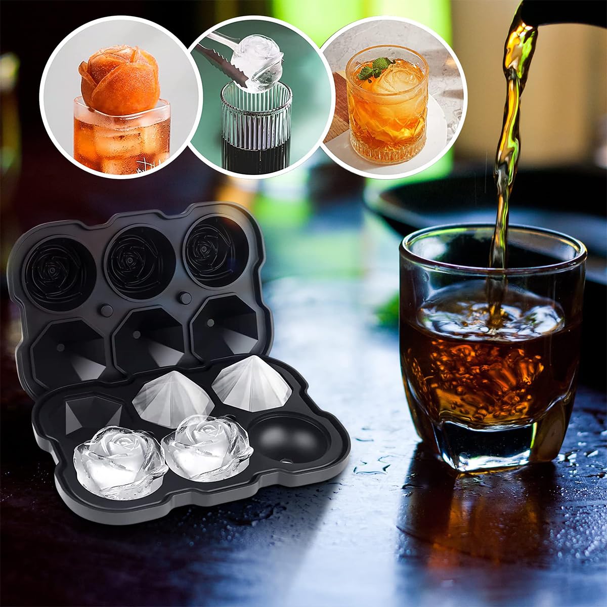 HASTHIP Silicone Ice Cube Trays for Cocktails and Whiskey with 2 in Rose and Diamond Molds | Easy Release Food Grade Design