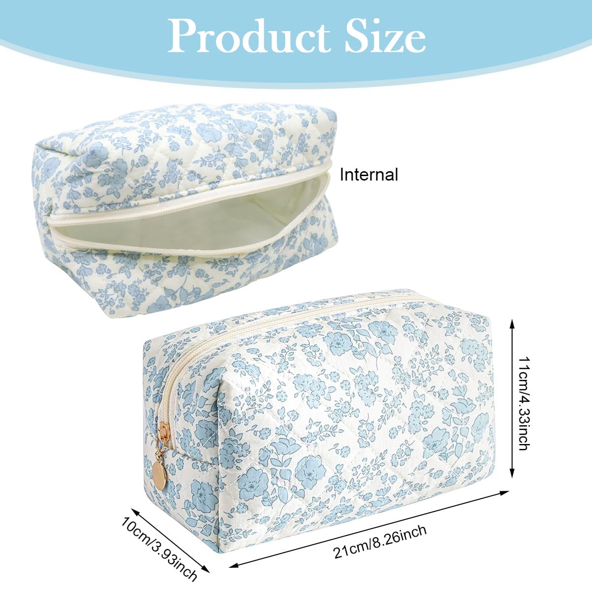 MAYCREATE Makeup Bag for Travel and Daily Use with Soft Zipper Blue Floral Design 20.5x9x9.5cm | 2 Pcs