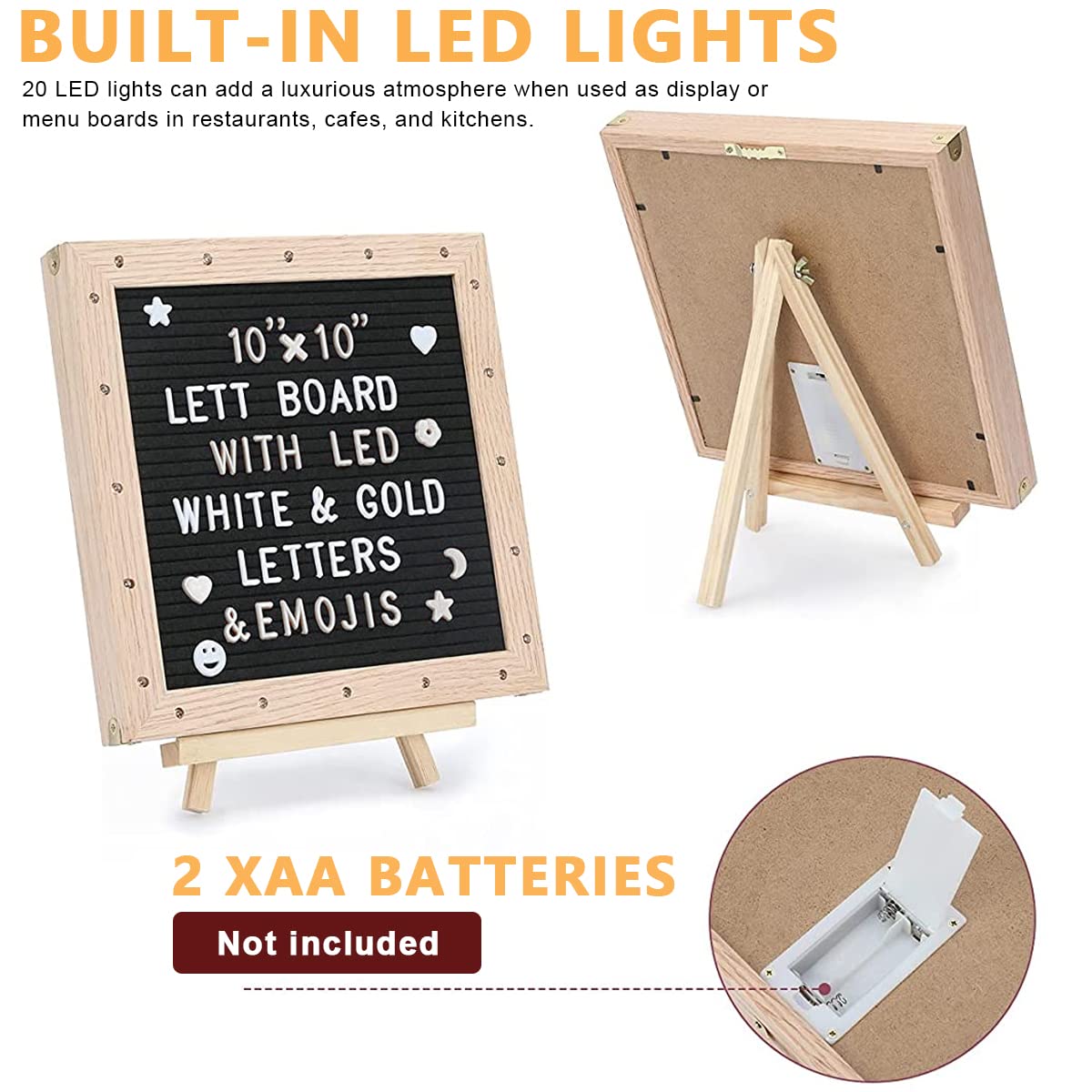 Climberty® 10x10 Inches Felt Letter Board with LED Lights for Sign Message, Announcement, Wall Decor, Changeable Message Board with Stand, 340 White Letters & Symbols, Scissors and Drawstring Bag