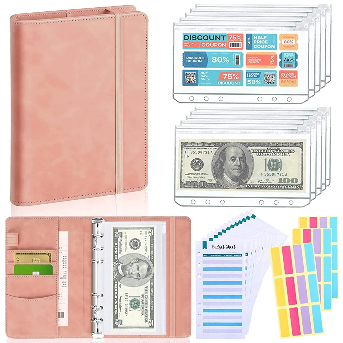 Climberty® File Folders for Documents Budget Binder with Zipper Envelopes, Money Organizer for Cash, A6 Binder with Cash Envelopes for Budgeting, Budget Sheets and Stickers (Pink)