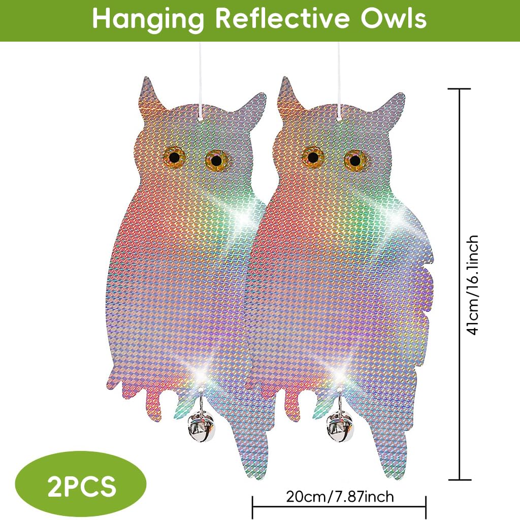 ORTIZA Reflective Anti Bird Hangings for Garden with 17.3 in Owl Design and Bell | PET Outdoor Deterrent