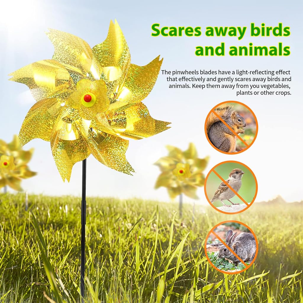 Optifit Reflective Pinwheel Garden Set for Bird Deterrence with Glittering Golden PET Blades 21 in | Decorative Lawn and Flower Bed Spinner