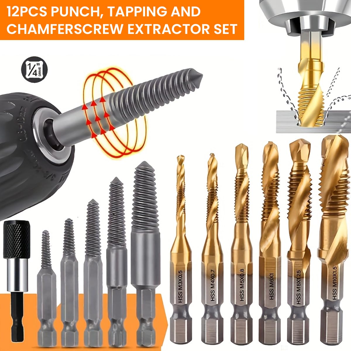Serplex Drill Bit Set for Wood Metal and Plastic with 33 pcs M3–M10 Extractors | High Speed Steel 1/4 Inch Hex Shank