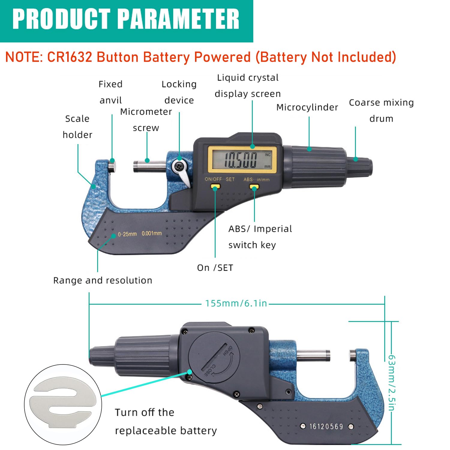 Serplex Digital Micrometer for Precision Measurement with LCD Display and Carbide Surfaces | 0-25 mm Range 0.001 mm Resolution