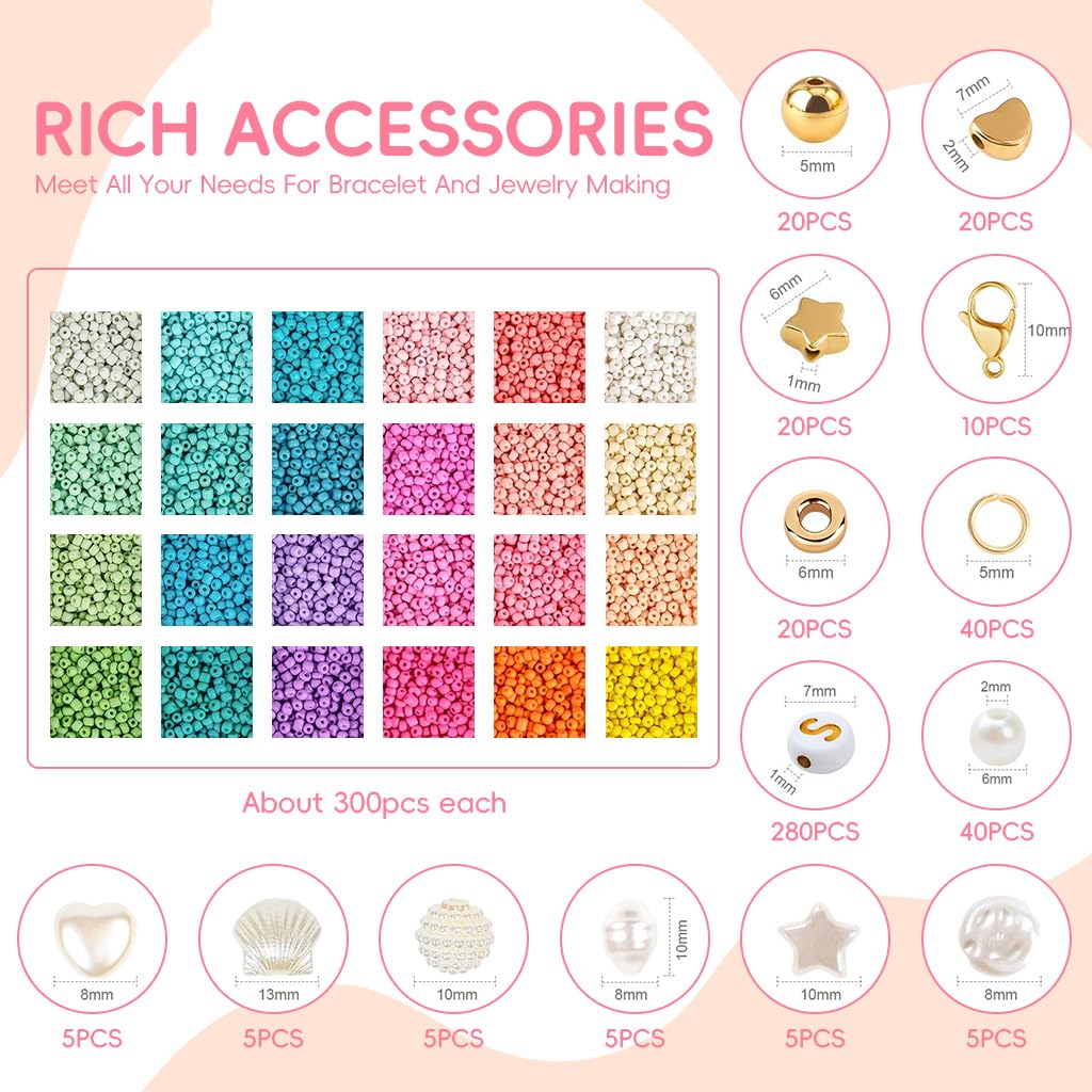 SANNIDHI Seed Beads Set for DIY Bracelet Making with 7200pcs 3mm Glass Beads | 24 Colors and Letter Charms