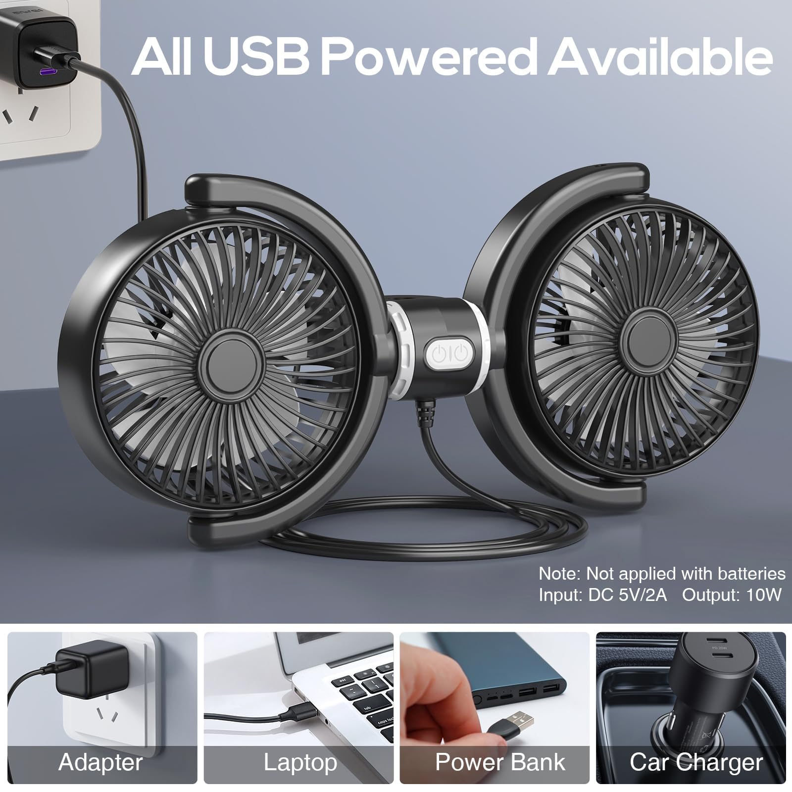 STHIRA USB Car Fan for Headrest with Twin 3 Speed Cooling and Flexible Angle Adjustment | 12 24V Plug and Go 2PCS