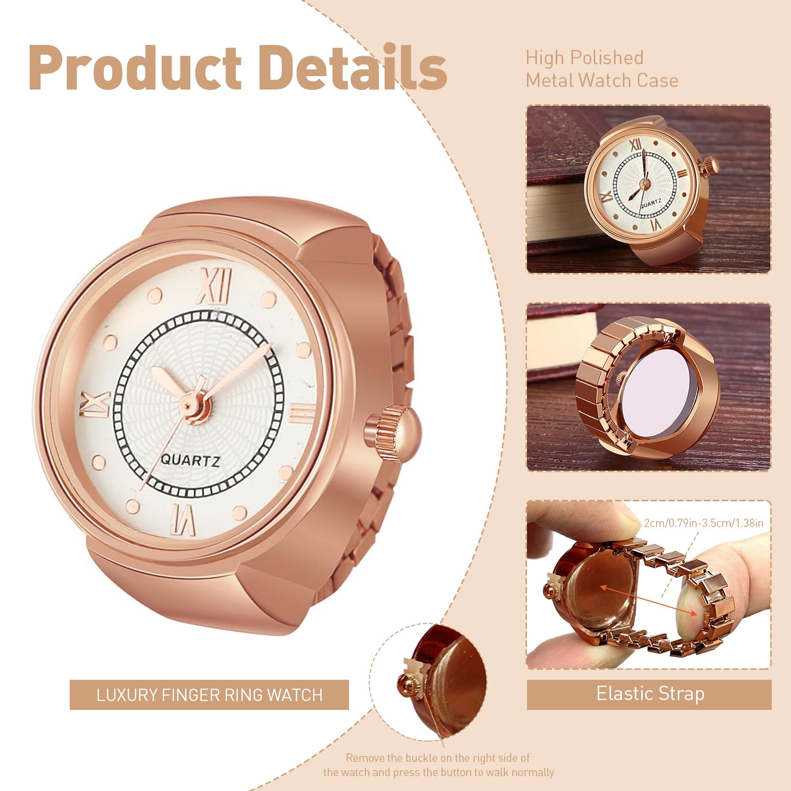 Venzina® Ring Watch for Women Stylish Mini Finger Watch for Women Stretchy Band Watch Ring with Gift Box Jewellery Accessories Gift for Women, Girls, Wife, Girlfriend, Mom - Rose Golden