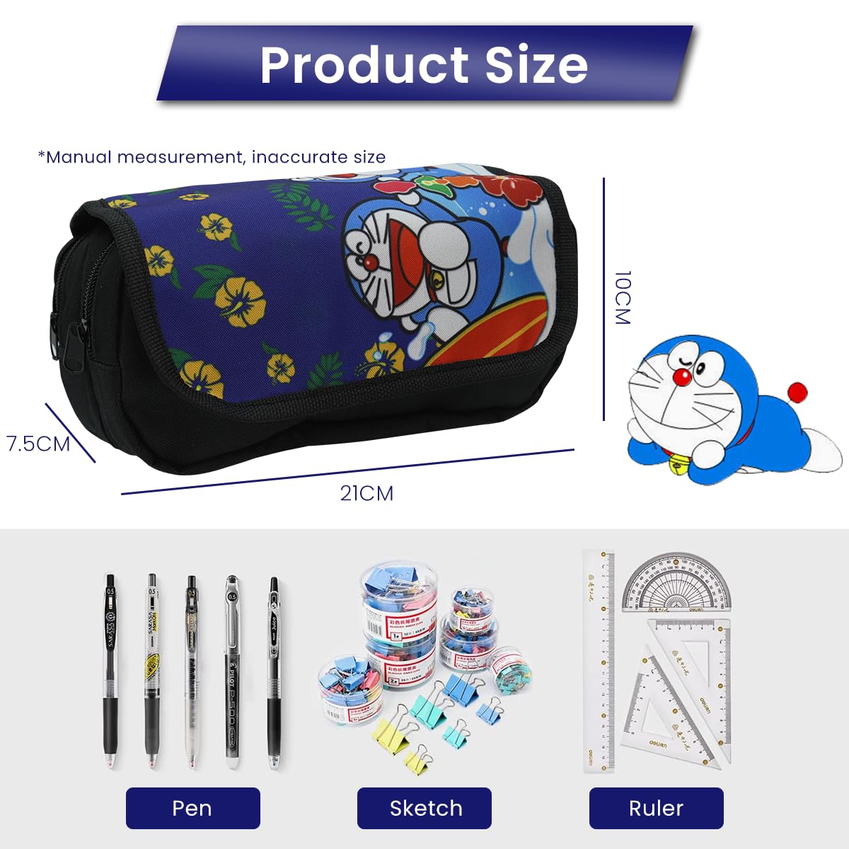 Fancyku Doraemon Pencil Case for Students with Dual Compartments and PU Cover | Kids Gift