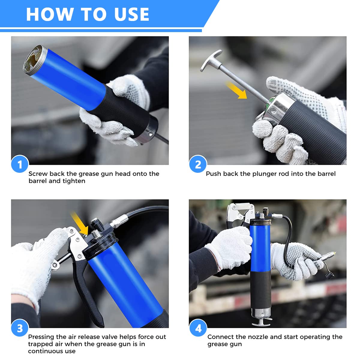 STHIRA® Grease Gun, Heavy Duty Pistol Grip Grease Gun with 4 Flexible Hoses, High Performance Grease Gun Air Grease Gun Nozzle Mini Gun Grease Air Gun with Reinforced Flex Hose Spring Guard Working Coupler