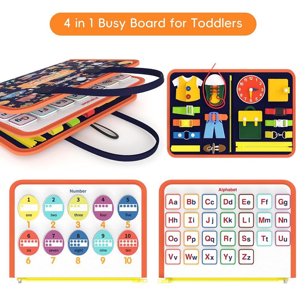 ZIBUYU Busy Board for Toddlers with 8 Pages and 25 Activities featuring Soft Felt Material | Montessori Travel Sensory Toy