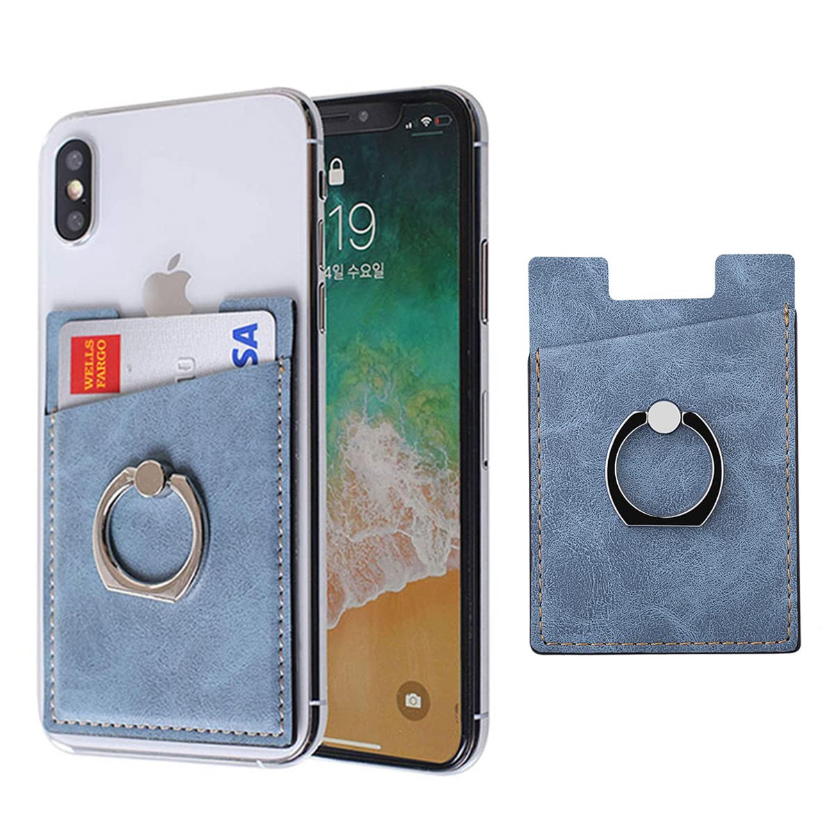 Verilux Phone Card Holder for Smartphones with 360° Rotatable Finger Ring | Blue PU Leather 10.3×6.1 cm