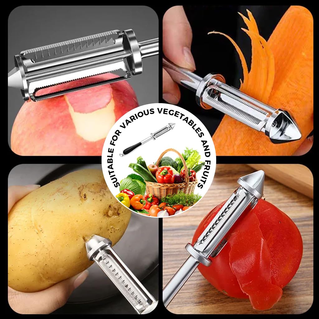 Supvox® 5 in 1 Multipurpose Kitchen Peeler with Core Remover, Grater, Julienne Peeler for Carrots, Potatoes, Cucumbers, Carbon Steel Peeler for Potato, Apple, Veggies, Carrot, Kiwi, Cucumber