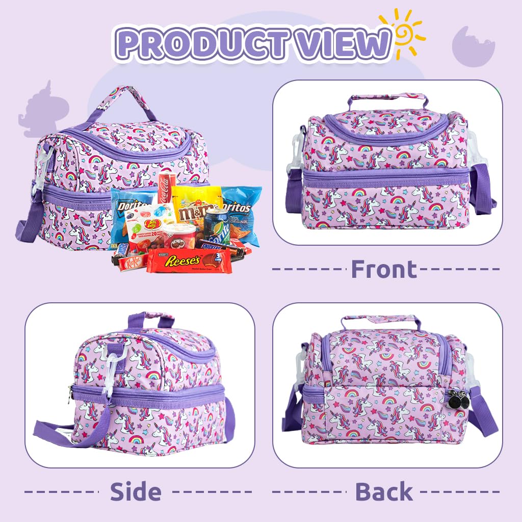 HASTHIP® Girls Lunch Tote with Removable Shoulder Strap Kawaii Purple Unicorn School Girls Bento Box Tote Bag Double Layer Insulated Lunch Bag Camping Lunch Tote Bag Insulated Food Bag, 25x15x16cm