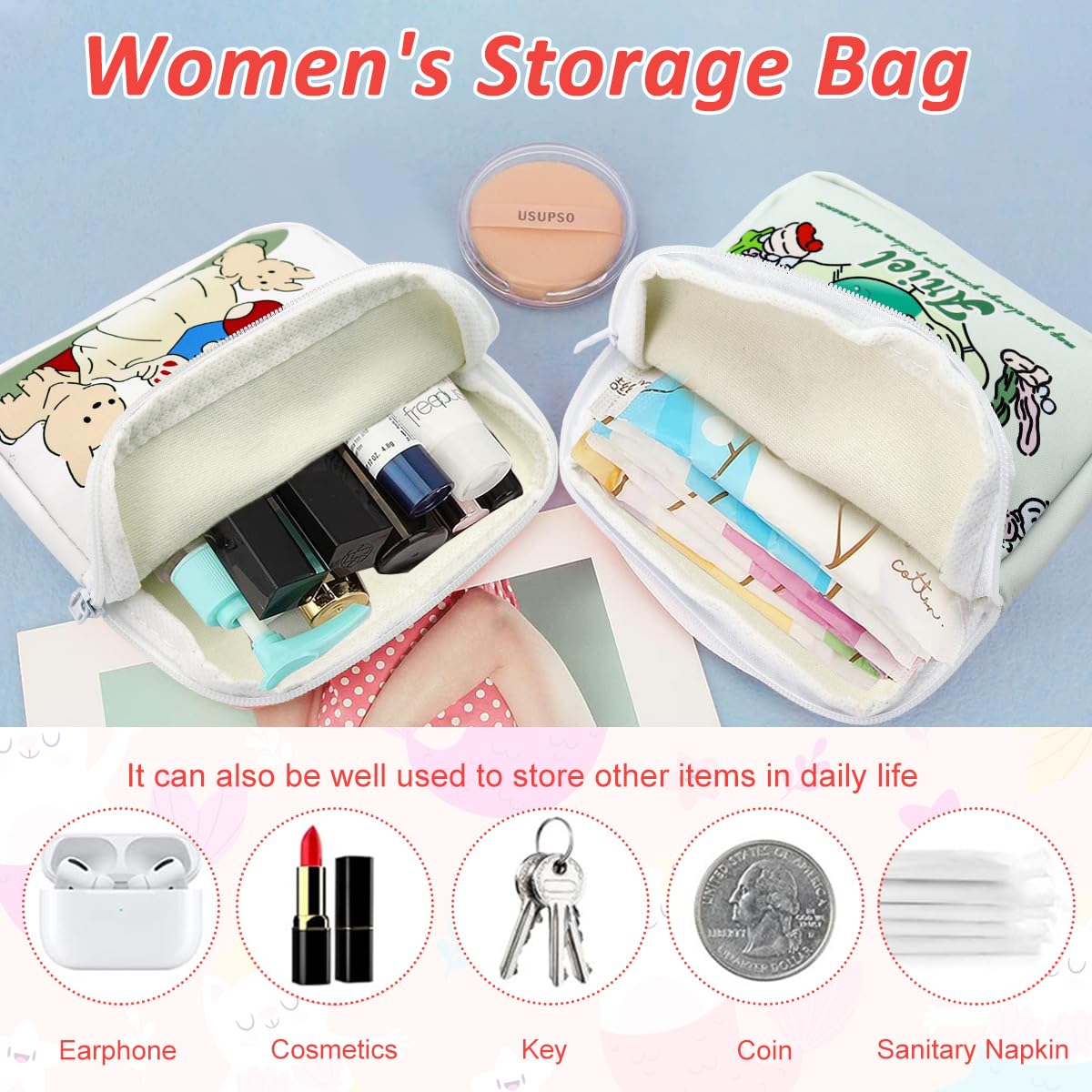 ZIBUYU Sanitary Napkin Storage Bag for Travel and Daily Use with Zipper Closure | 2pcs 5 in Cotton Cartoon Pouches