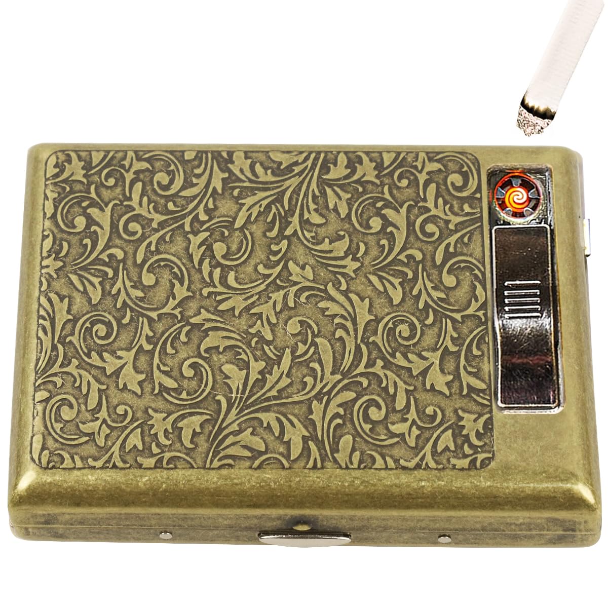 GUSTAVE Metal Cigarette Case for 20pcs Standard Cigarettes with USB Flameless Coil Lighter | Vintage Gift for Men