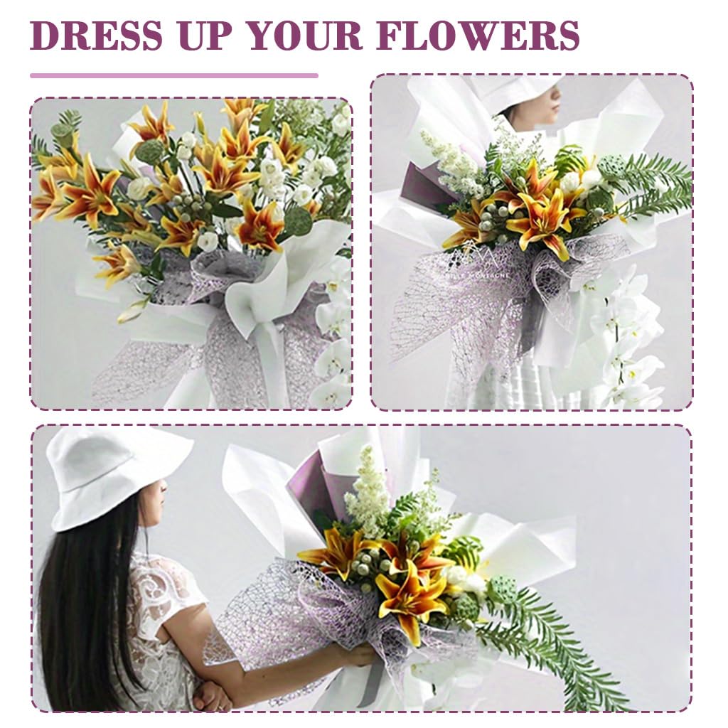 HASTHIP Jacquard Mesh Wrapping Paper for Gifts featuring Cutout Floral Design 50cm x4.5m | Purple