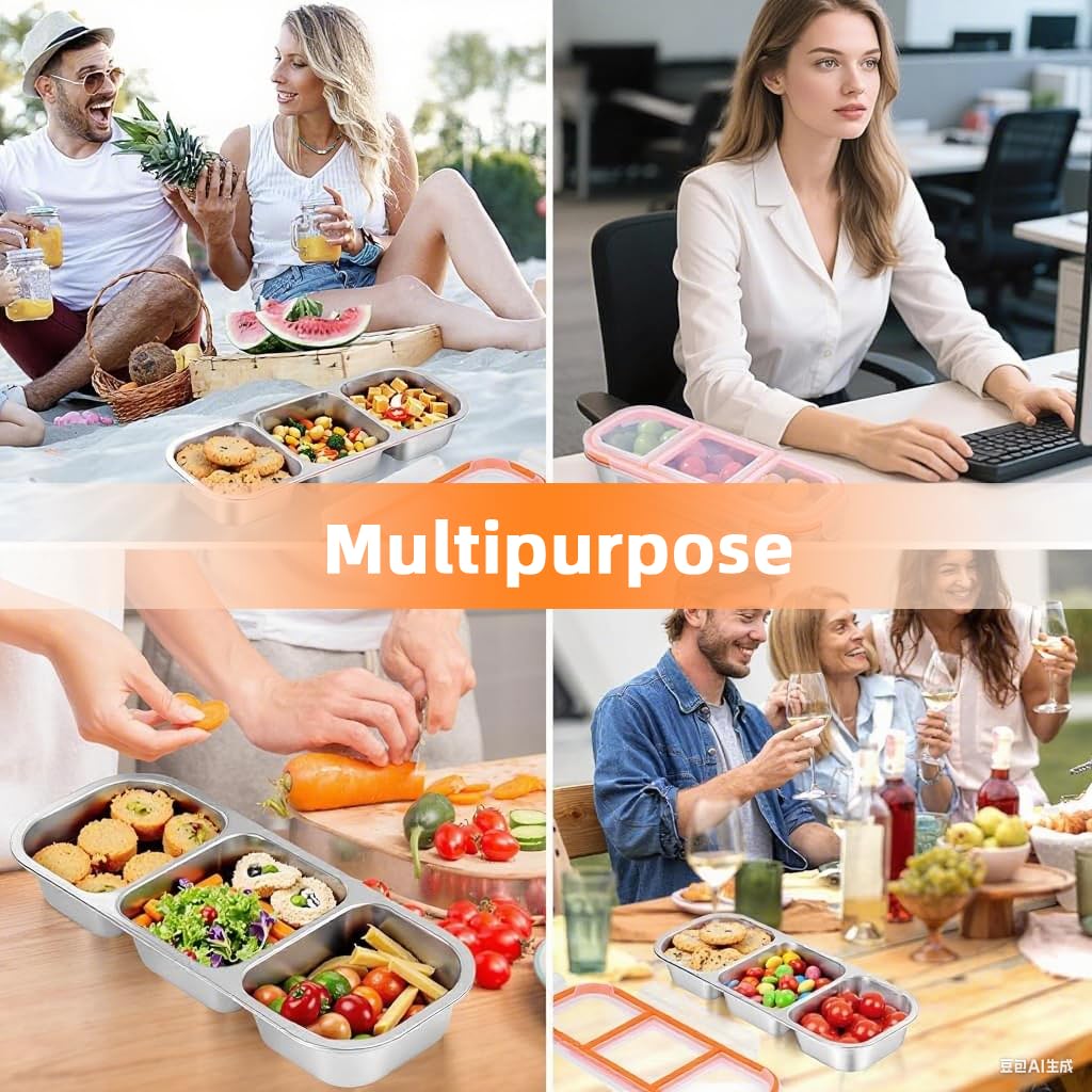 Supvox Food Saver Box for Snacks and Fruits with Airtight Lid and 3 Compartments | 600 ml Stainless Steel Container