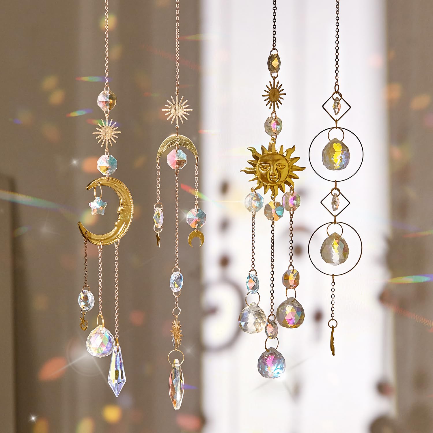 HASTHIP® 4Pcs Crystal Suncatcher for Windows Hanging Decor, Prism Sun Catcher with Chain and Hook