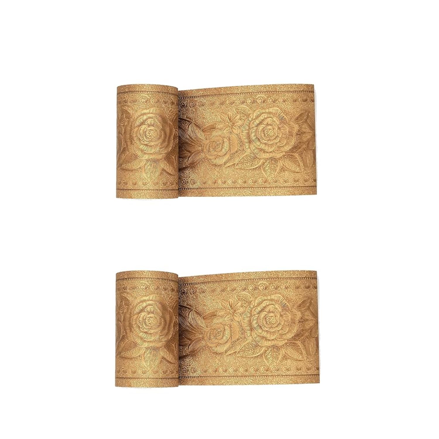 HASTHIP Peel and Stick Wall Border for Bathroom and Kitchen with 4 in x 16.4 ft PVC Trim | Removable Gold Floral Waterproof Design