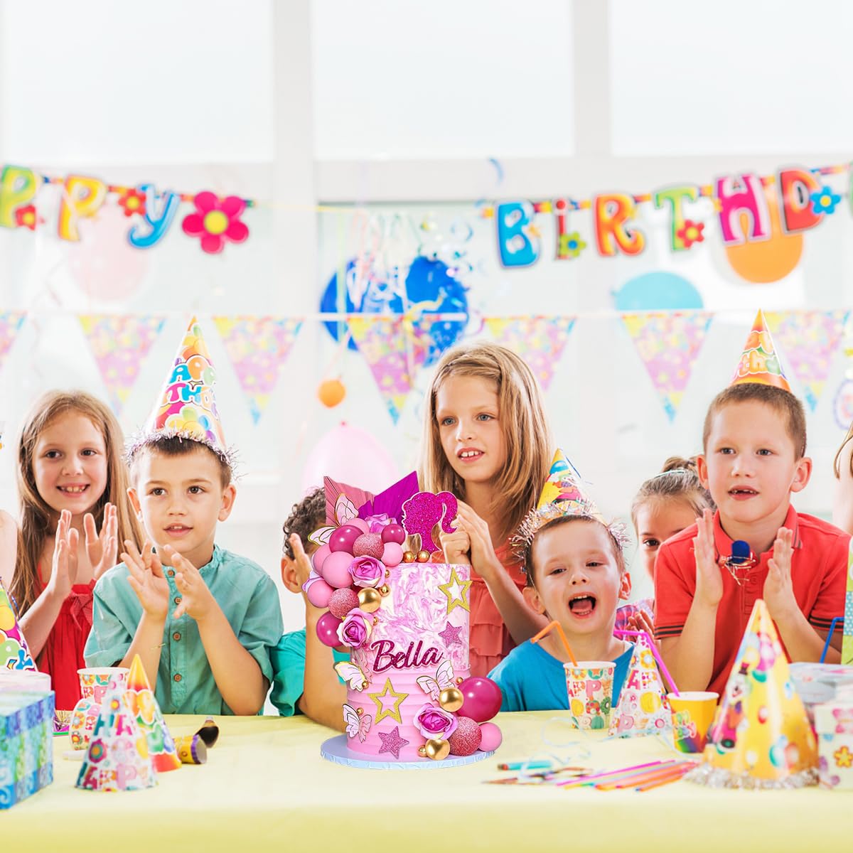 HASTHIP Cake Toppers for Birthday Cakes with 36 Pcs Glittering Stars and Pink Girl Silhouette | Party Decorations for Women and Girls