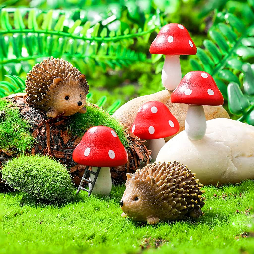 HASTHIP® 6PCS Fairy Outdoor Garden Animals Figurines Outdoor Fairy Wild Garden Accessories Resin Hedgehogs and Wood Mushroom Miniature Garden for Plant Pots Bonsai Craft Decor Fairy Wild Garden