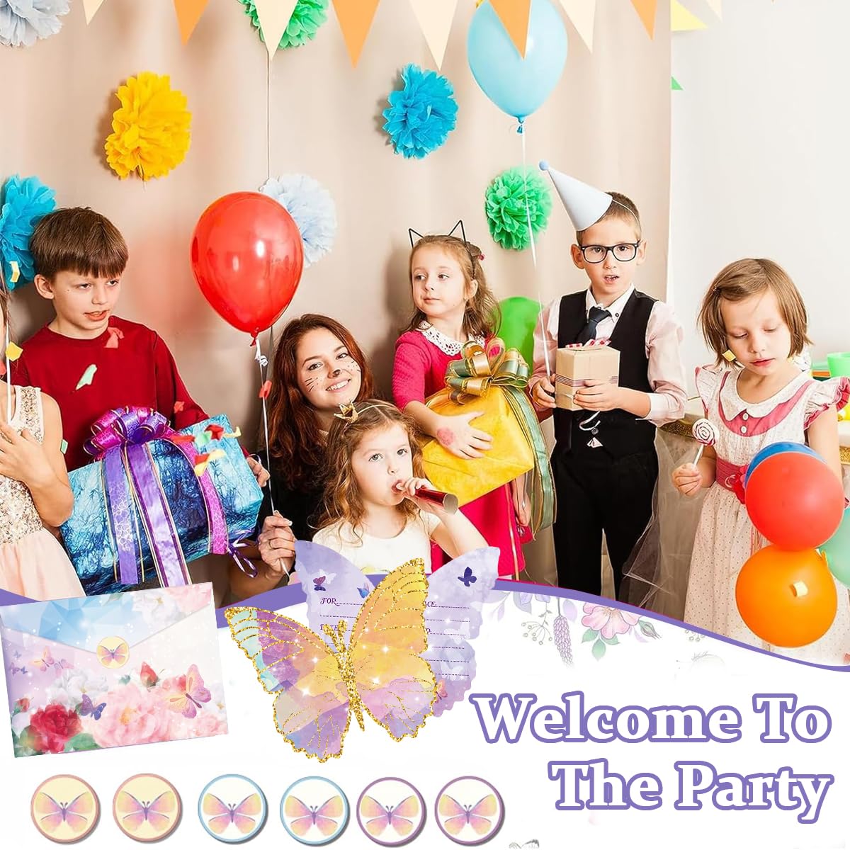 Venzina Butterfly Birthday Invitation Cards for Kids with Envelopes and Stickers 12 Pieces