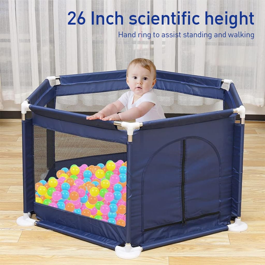 SNOWIE SOFT Baby Play Area Indoor Setup with Basketball Frame & Gate DIY Assembly Hexagon Play Yard Breathable Playpen for Babies and Toddlers Portable Outdoor Baby Playpen, with 2 Pull Grips