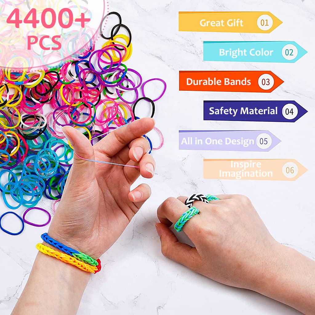 PATPAT 4400+ Rubber Loom Bands Set Bracelet Jewelry Making Kit, Rainbow Rubber Bands Refill Loom Set with Braiding Tools Crochets, Assorted Charms for Girls Kids DIY Craft Gifts,Latex