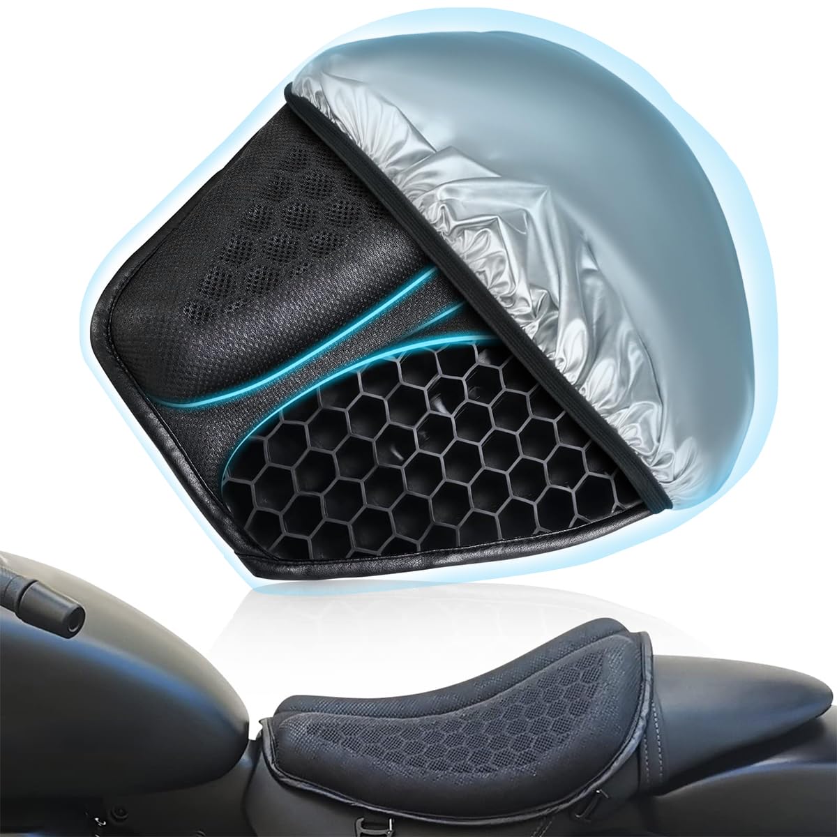 STHIRA® Gel Seat for Bike Motorcycle Gel Seat Cushion with Waterproof & UV Sun Cover 3D Honeycomb Breathable Bike Seat Cover Shock-Absorbing Anti-Slip Seat Cushion for Bike Universal Fit for Long Ride