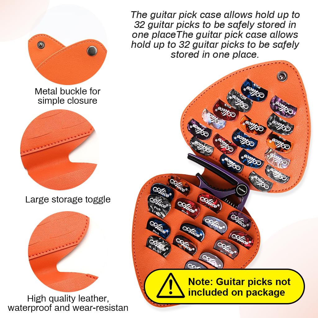 HASTHIP Guitar Pick Holder Case for 32 Picks with Capo Slot in PU Leather | Compact Storage