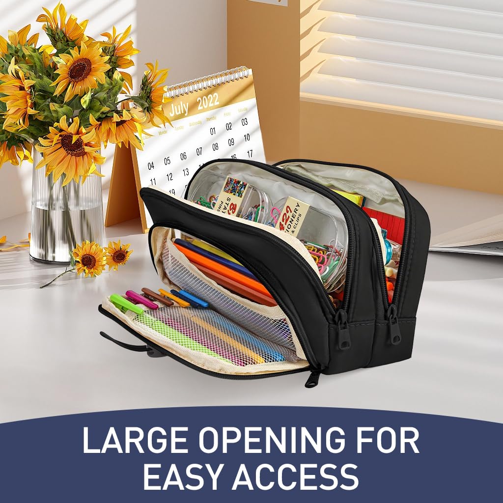 ZIBUYU Large Capacity Pencil Case, Pen Bags Pencil Pouch Organizer for Office College School Black
