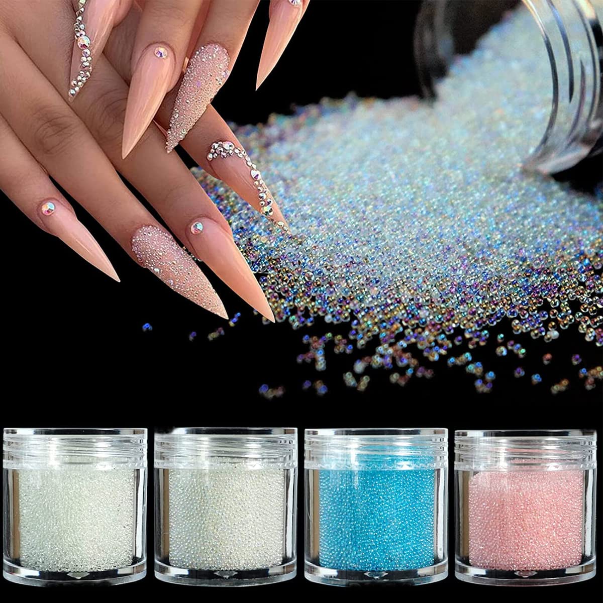 ELEPHANTBOAT® 4 Bottle/Set Micro Caviar Beads, Glitter Nail Art Microbead Nails, Crystals Mini Bubble Nail Gems Diamonds Stones for DIY 3D Nail Art Decorations