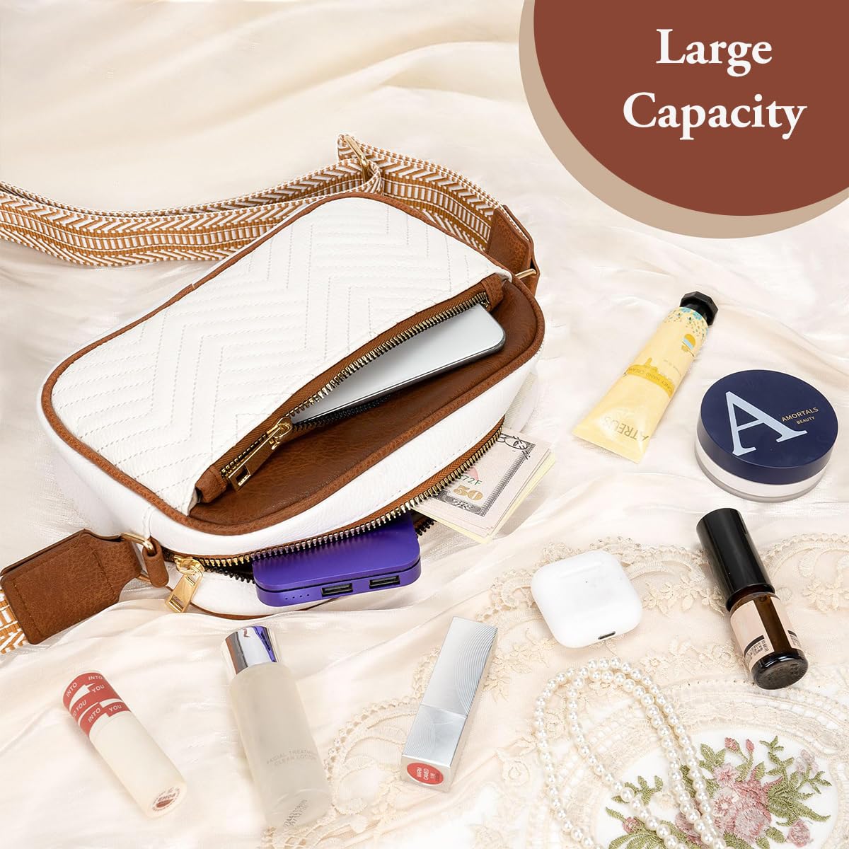 Zibuyu Crossbody Bag for Women with Double Layer Design and Print Strap 8.7x2.2x5.9in | PU Shoulder Sling Bag