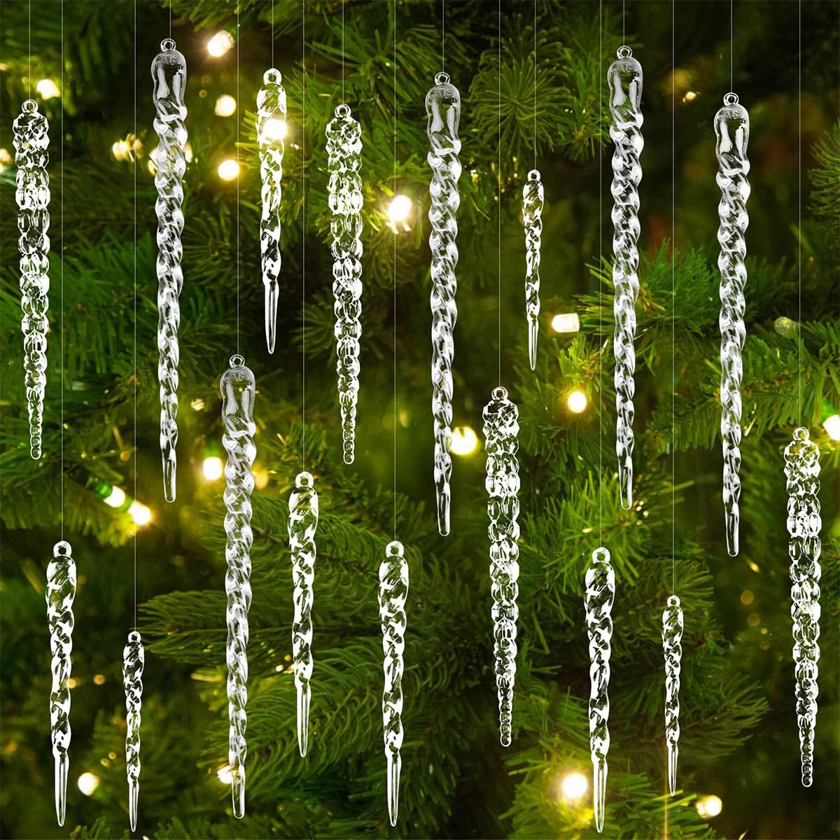 ZIBUYU® 24Pcs Christmas Tree Decoration Items Ornaments for Christmas Tree 4 Sizes Decorative Resin Christmas Tree Icicle Ornaments Multi Purpose Hanging Ornaments, with one roll of line