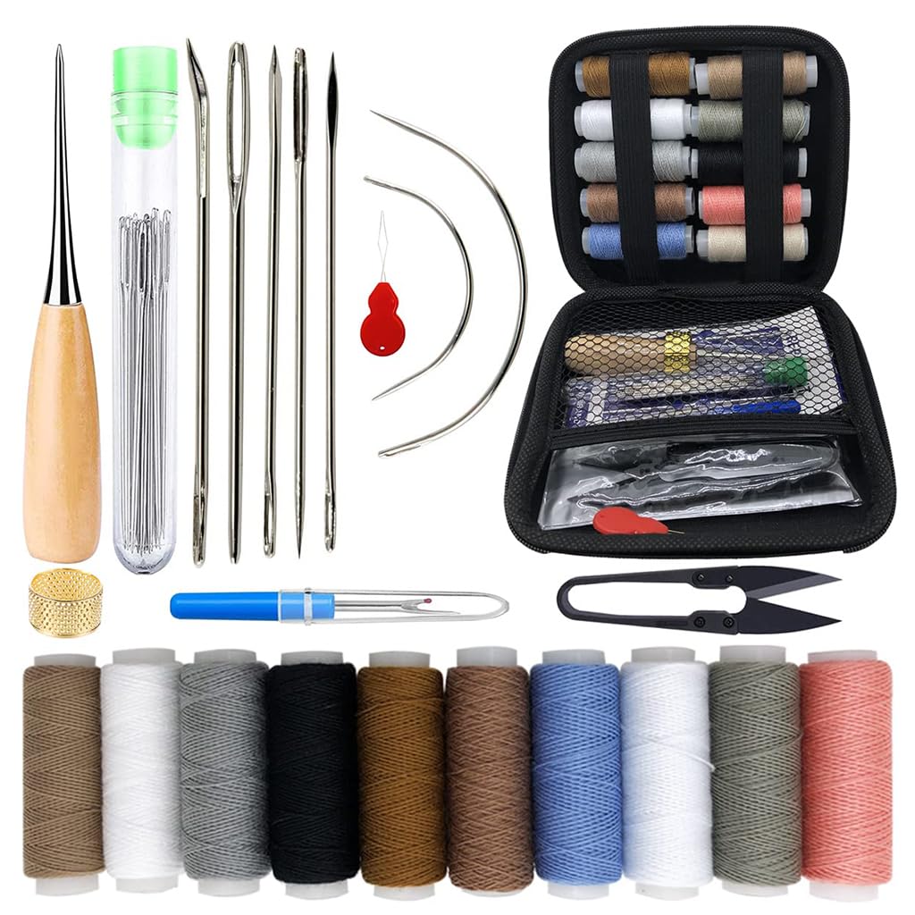 HASTHIP® Leather Sewing Kit, 47 Pieces Upholstery Repair Sewing Kit with Sewing Awl, Seam Ripper, Leather Hand Sewing Stitching Needles, Sewing Thread for Car, Sofa, Backpack, Shoe, Craft DIY