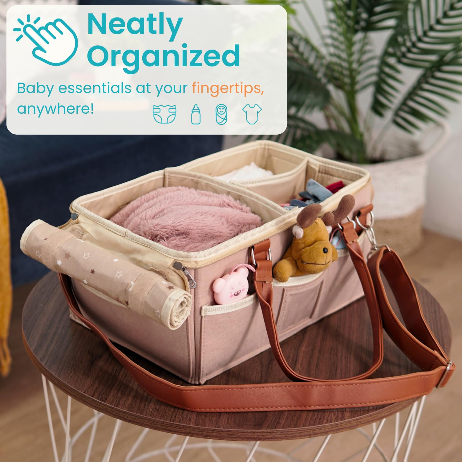 SNOWIE SOFT® Baby Diaper Bag Felt Baby Diaper Caddy Organizer Basket with Handle Multi Compartments Carry All Mommy Bag Newborn Supplies Zip-up Handbag Baby Gift Basket, Khaki