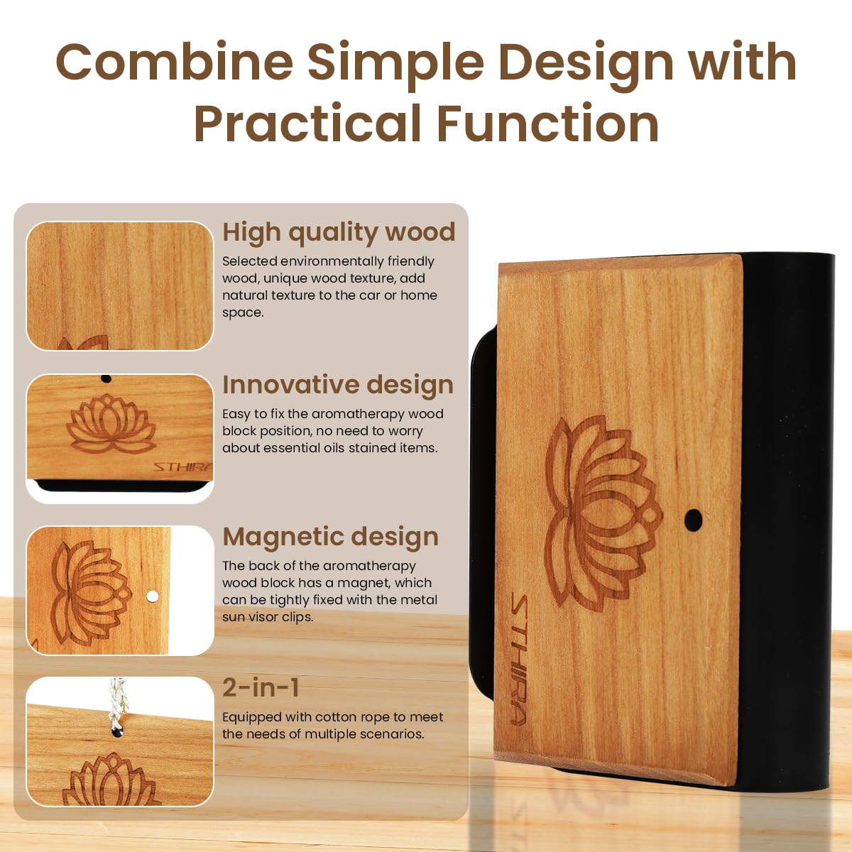 ZIBUYU Wooden Car Air Freshener for Car Vents with Metal Clip 2 Pcs 3×0.7×1 in | Lotus Pattern