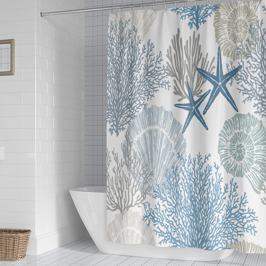 HASTHIP Shower Curtain for Bathroom 180×180 cm with Weighted Hem and 12 Hooks | Ocean Coral Design