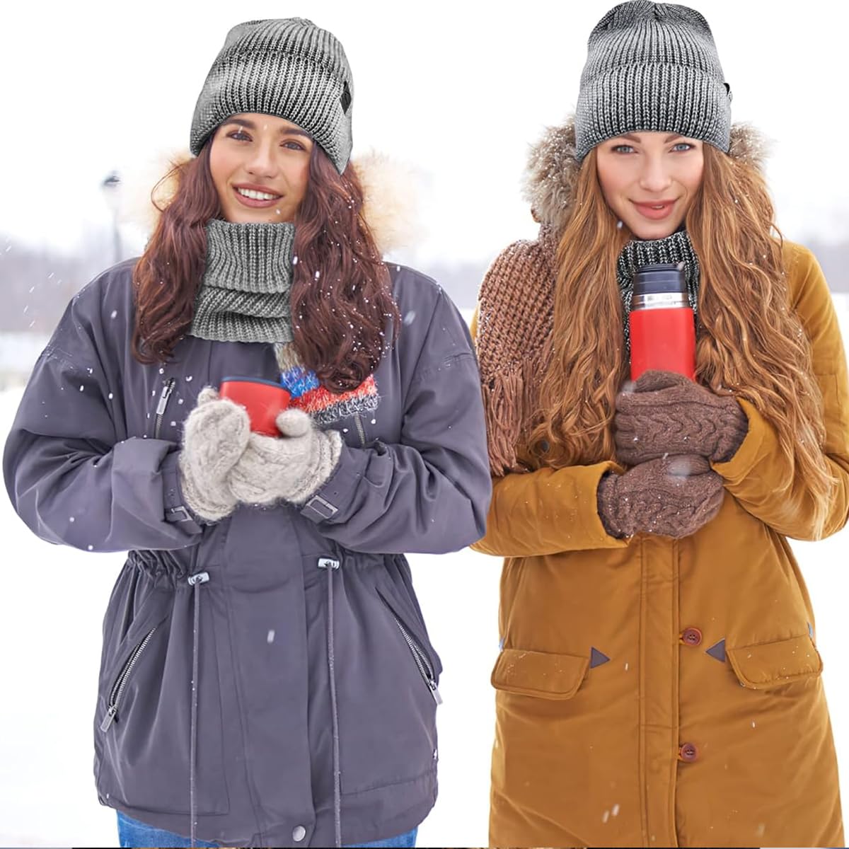 Venzina Woolen Fleece Lined Winter Cap with Neck Warmer Scarf for Women and Girls Grey